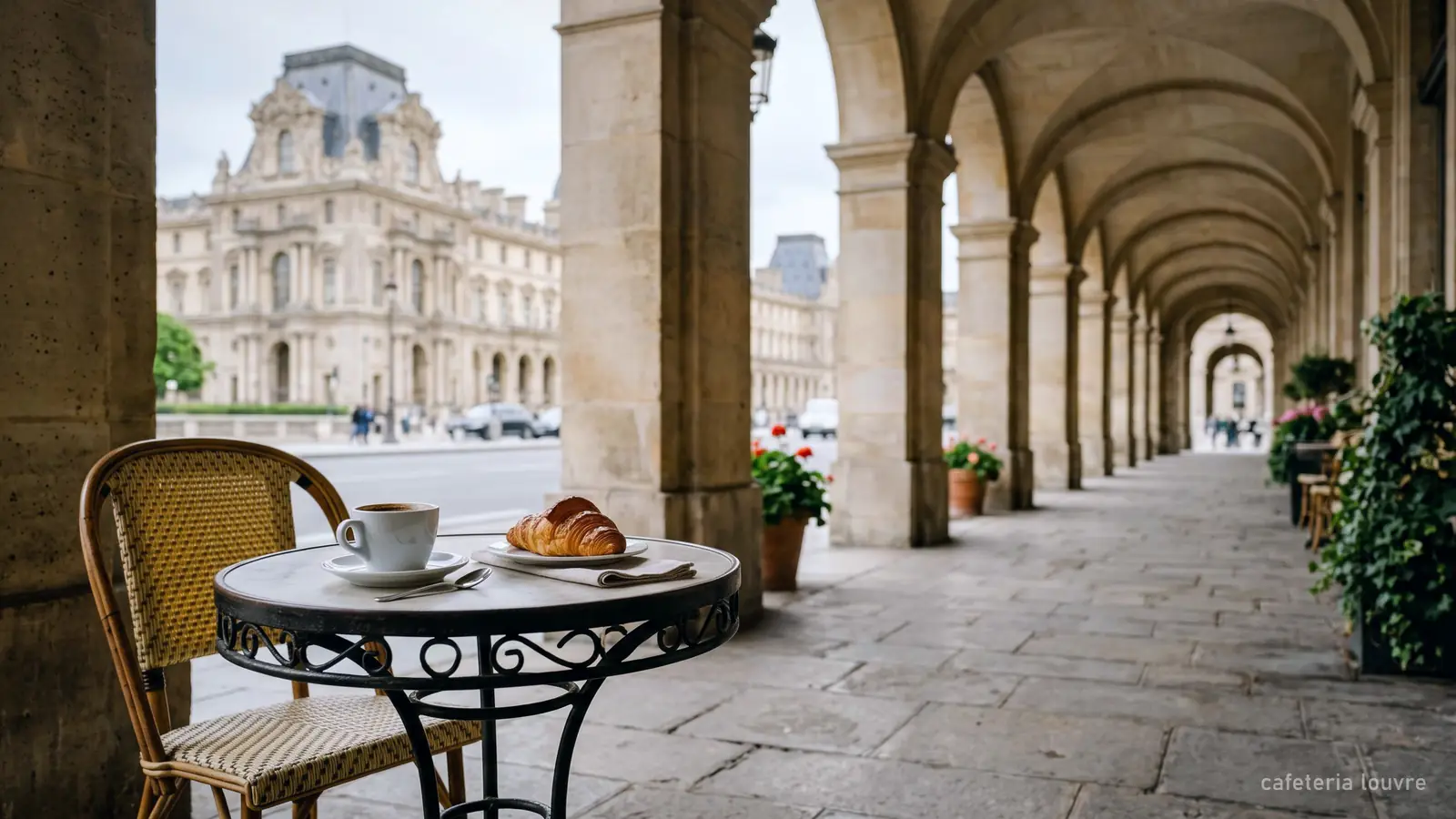 Imagen generada: una mesa de café bajo los soportales de la rue de Rivoli, junto al Louvre