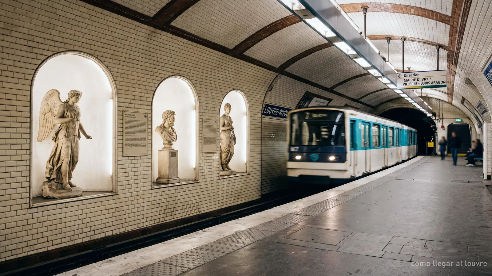 Imagen generada: un andén de metro de París con esculturas en vitrinas