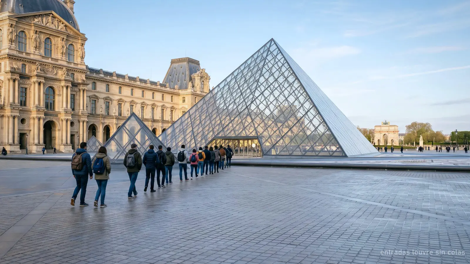 Imagen generada: visitantes entrando por la pirámide del Louvre por la mañana