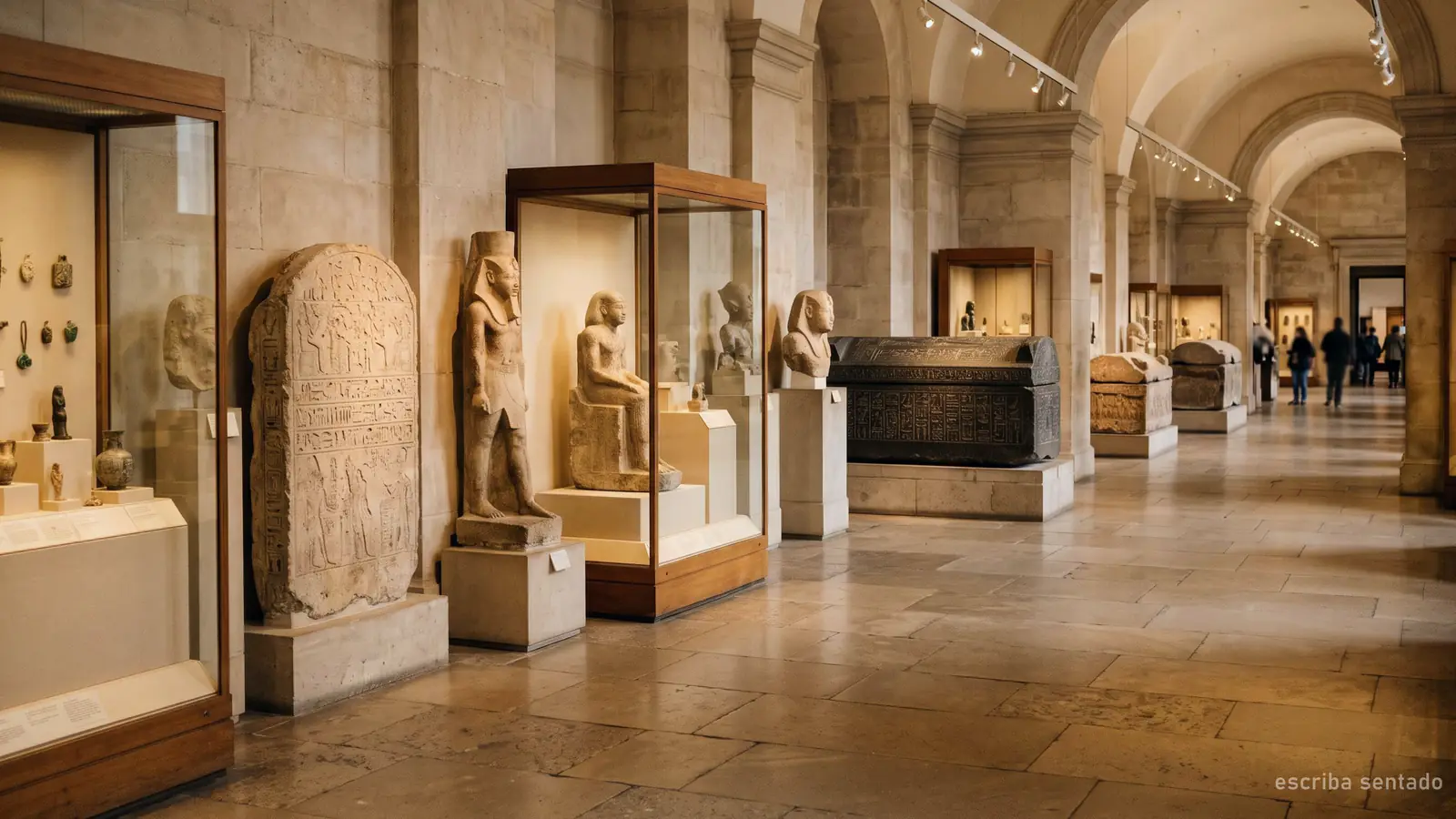 Imagen generada: una sala de antigüedades egipcias con sarcófagos y estelas de piedra