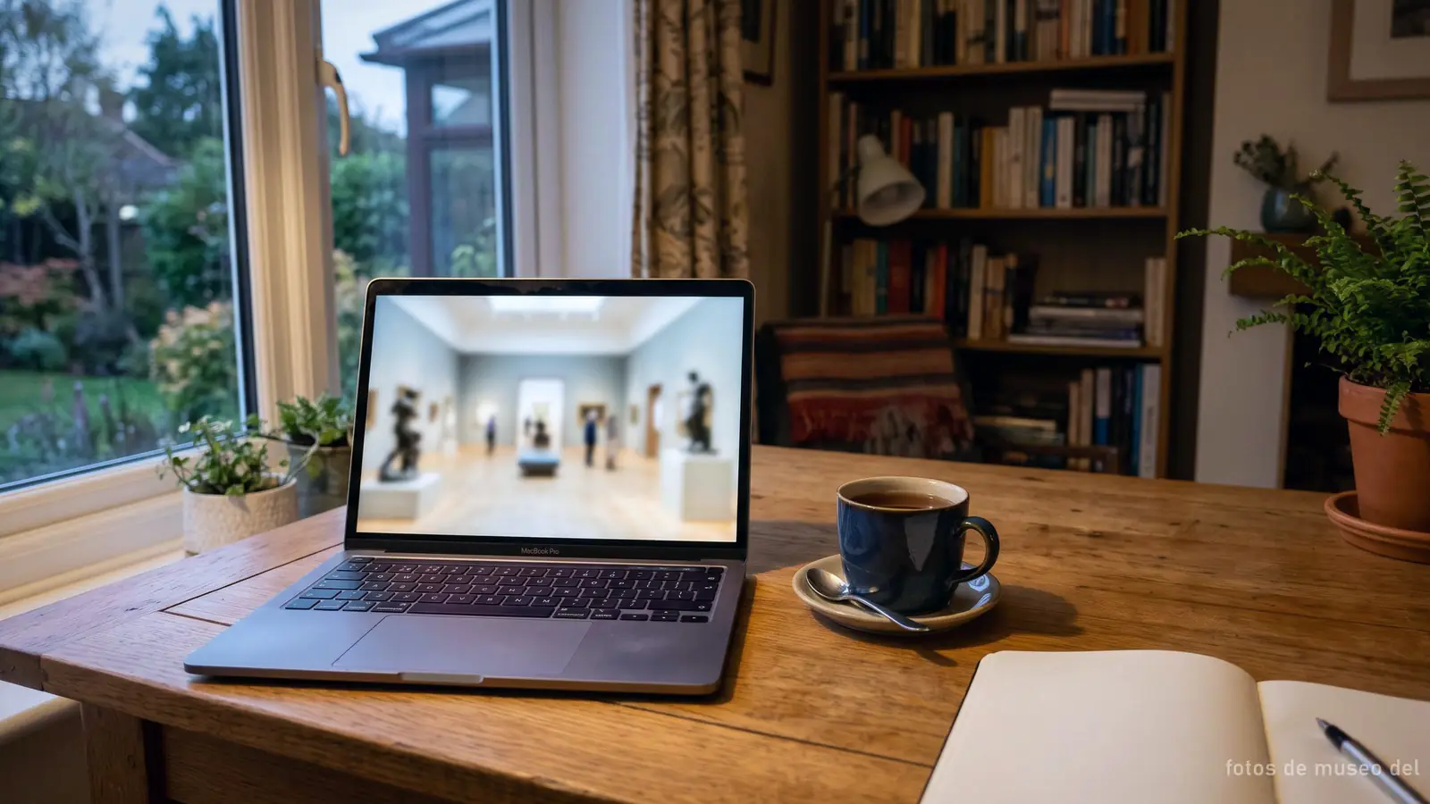 Imagen generada: un portátil en casa con una galería de museo en la pantalla