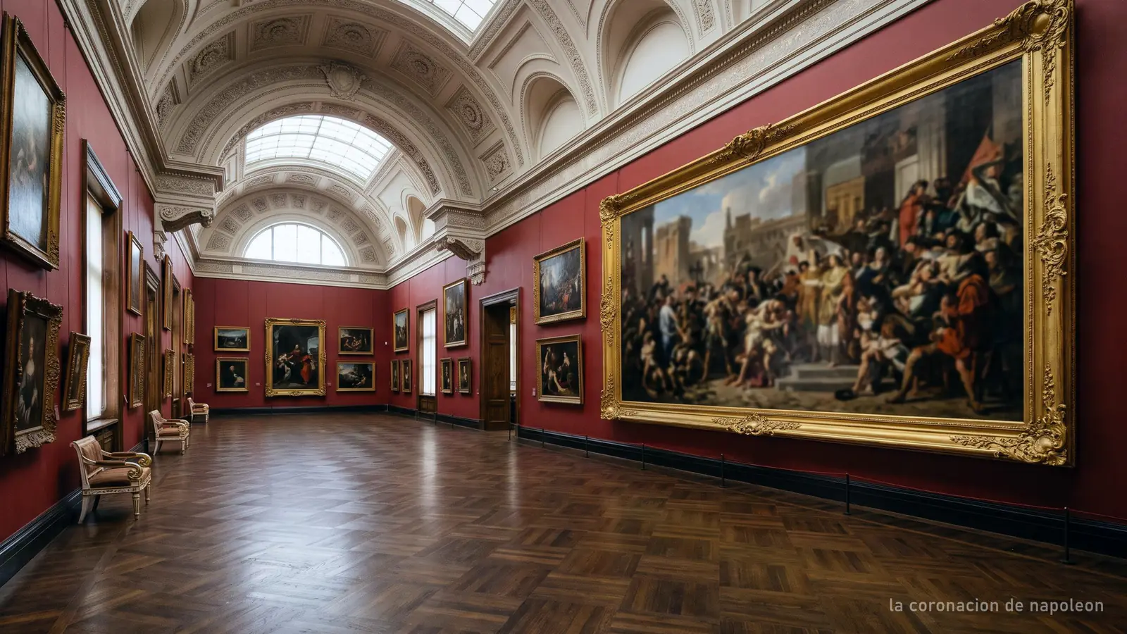 Imagen generada: una sala roja de museo con un enorme lienzo histórico al fondo
