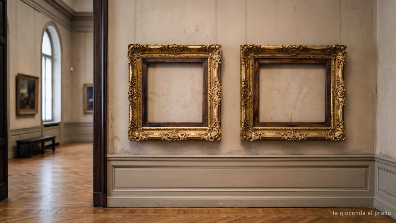 Imagen generada: dos marcos dorados vacíos uno junto a otro en la pared de un museo