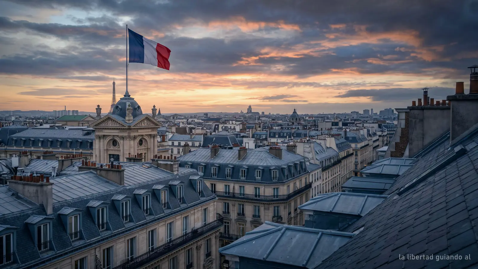 Imagen generada: tejados de París al amanecer con una bandera tricolor ondeando