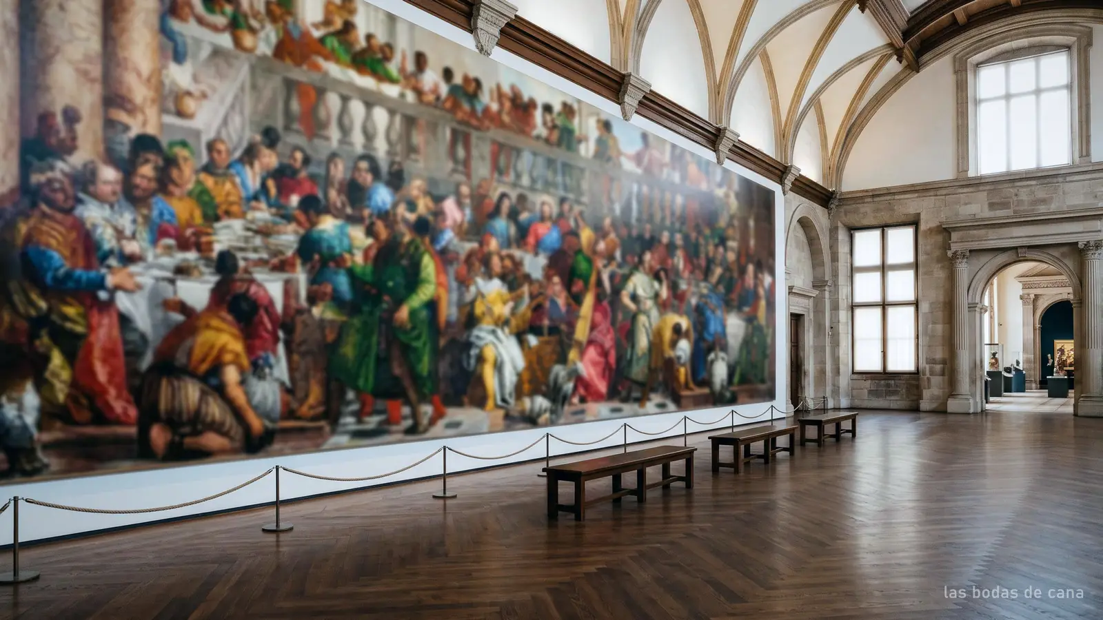 Imagen generada: una sala de museo con un lienzo de banquete enorme que ocupa toda una pared