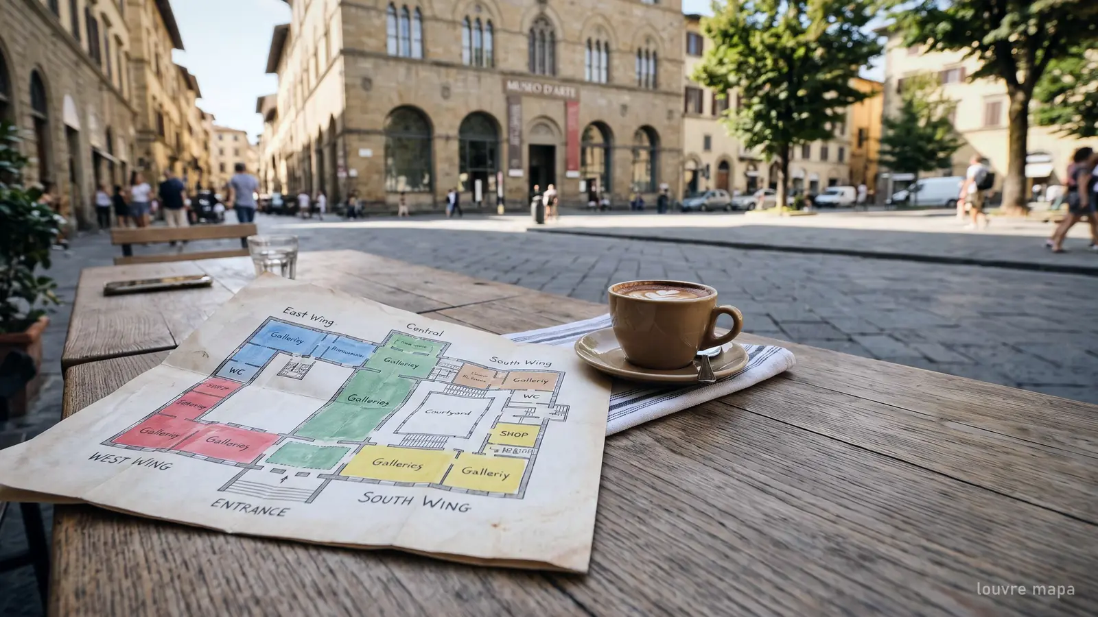 Imagen generada: un plano de museo desplegado sobre una mesa de café