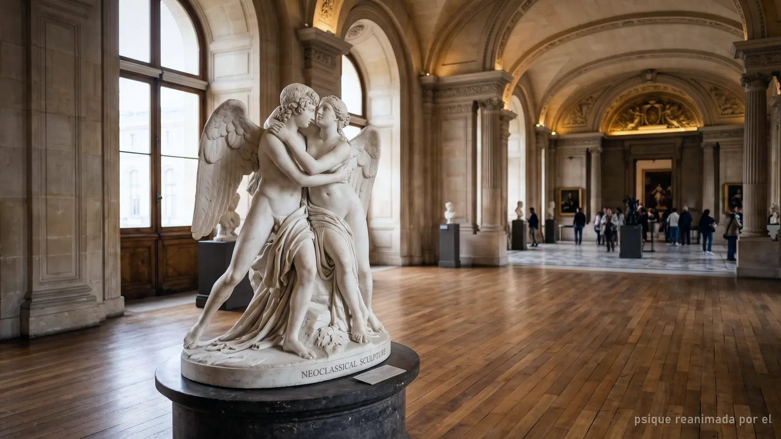 Imagen generada: una escultura neoclásica de mármol de dos figuras abrazadas