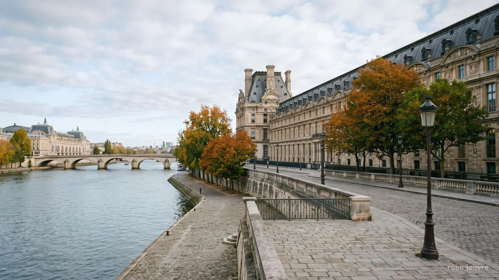 Imagen generada: la fachada del Louvre junto al muelle del Sena una mañana de otoño