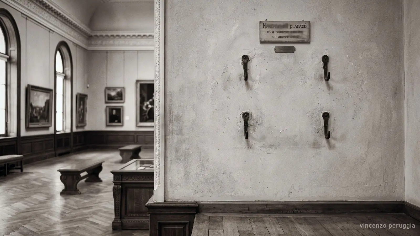 Imagen generada: cuatro ganchos vacíos en la pared de un museo, en tonos sepia